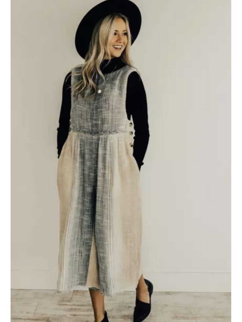 Free People Moab Large Jumpsuit Neutral Deep V Back Ankle Length Blue Stripe